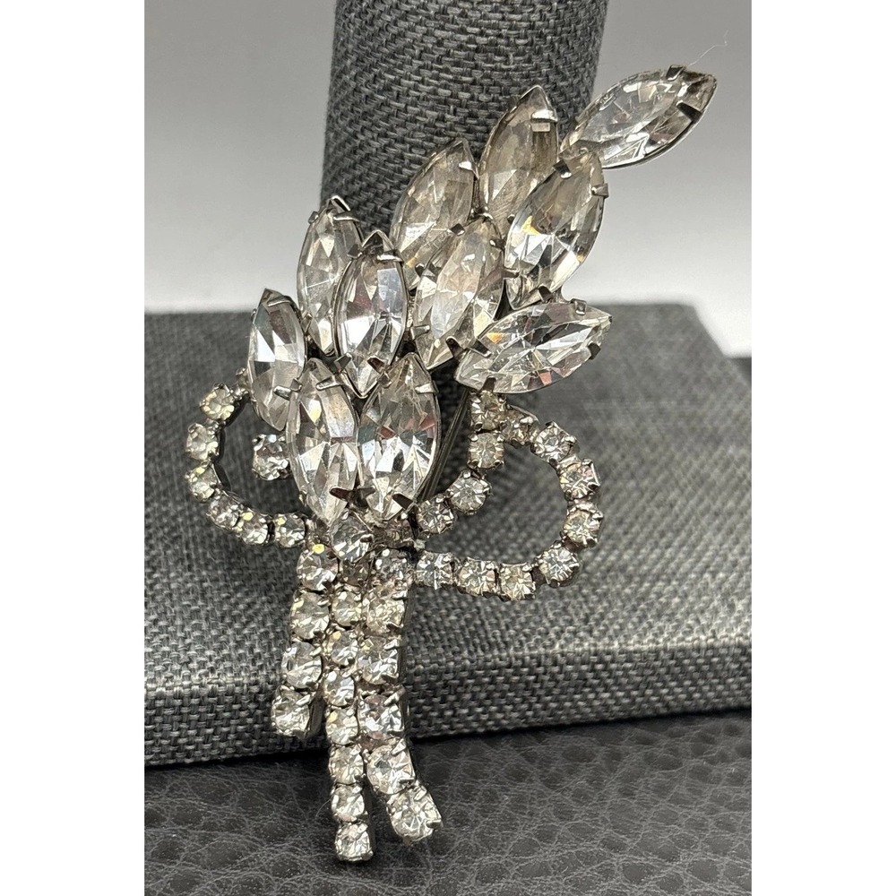 Vintage Rhinestone Spray Brooch with Marquise & Round Crystals Silver Tone